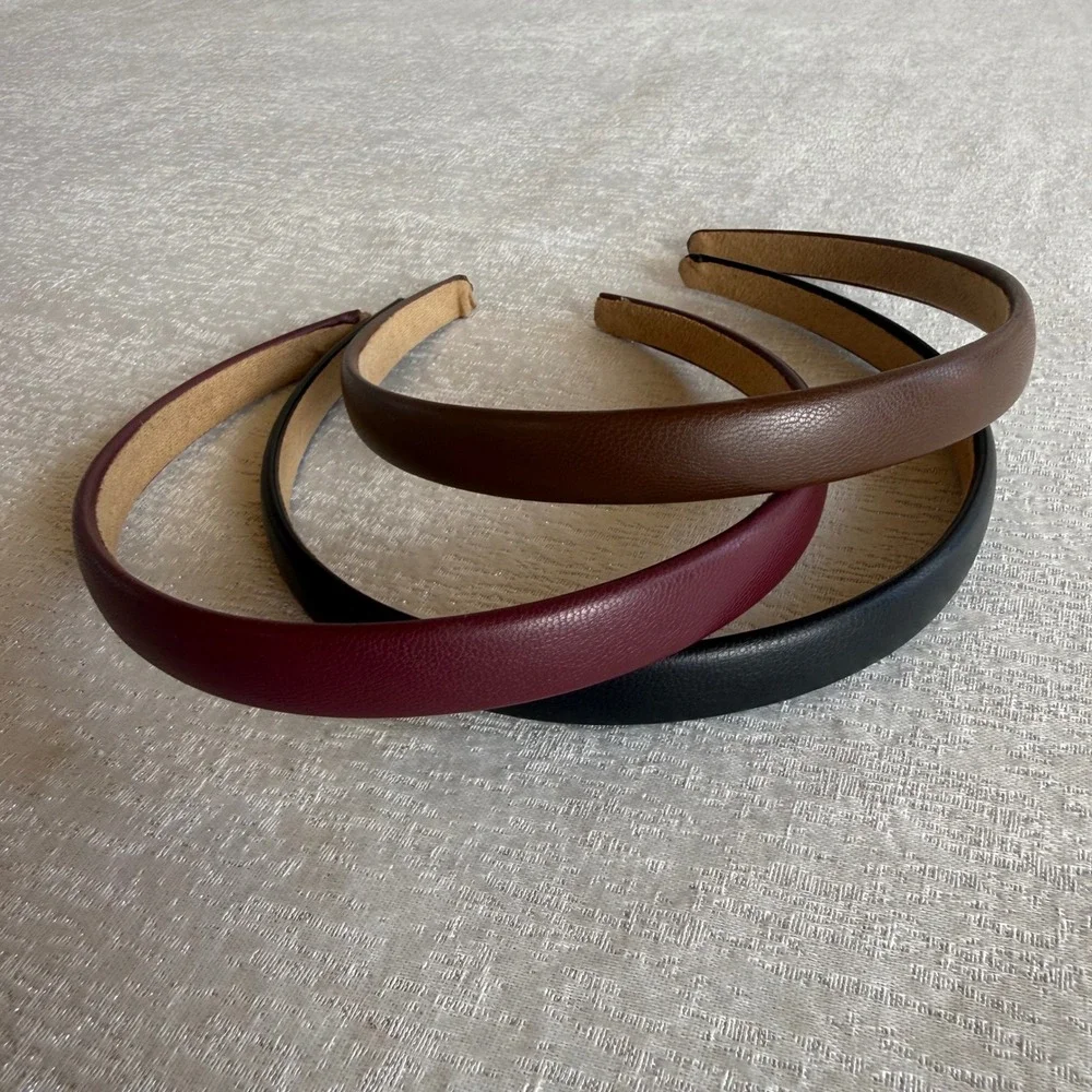 3pc Faux Leather Padded Headband Set Black Burgundy Brown Slim Hair Accessory